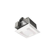 White square ceiling ventilation fan with integrated light and metal ductwork connector on top.