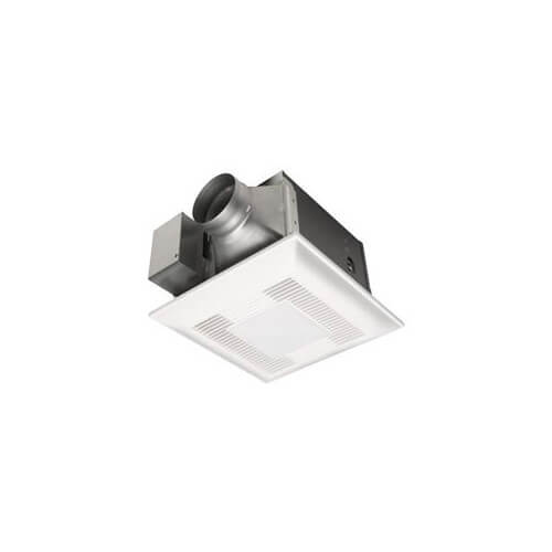 White square ceiling ventilation fan with integrated light and metal ductwork connector on top.