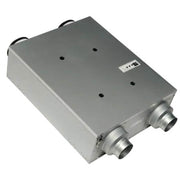 Gray rectangular ventilation unit with two circular handles on top, four ventilation holes, label on front, and two metal duc