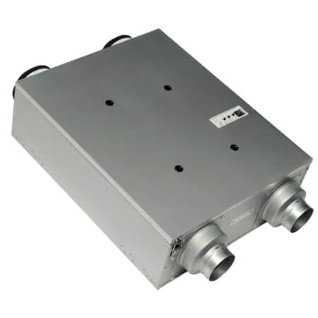 Gray rectangular ventilation unit with two circular handles on top, four ventilation holes, label on front, and two metal duc