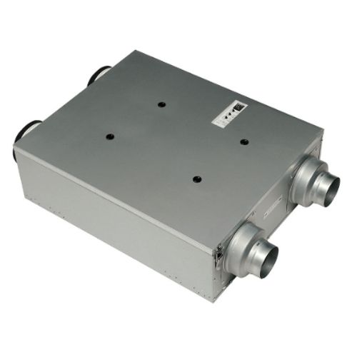 Panasonic Intelli-Balance 100 hardwire ERV unit with gray metal housing, two outlet ducts, and black handles on top.