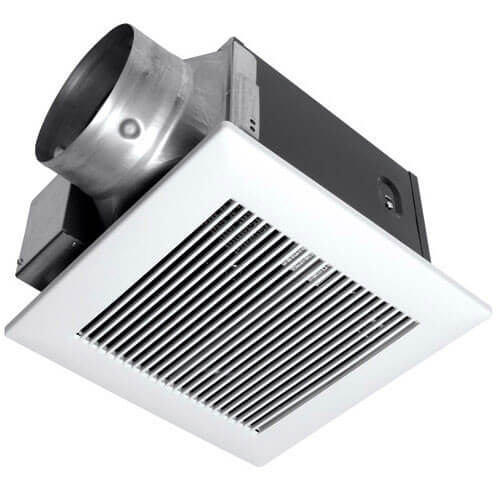White square ceiling ventilation fan with metal ductwork attachment and black control panel mounted on top.
