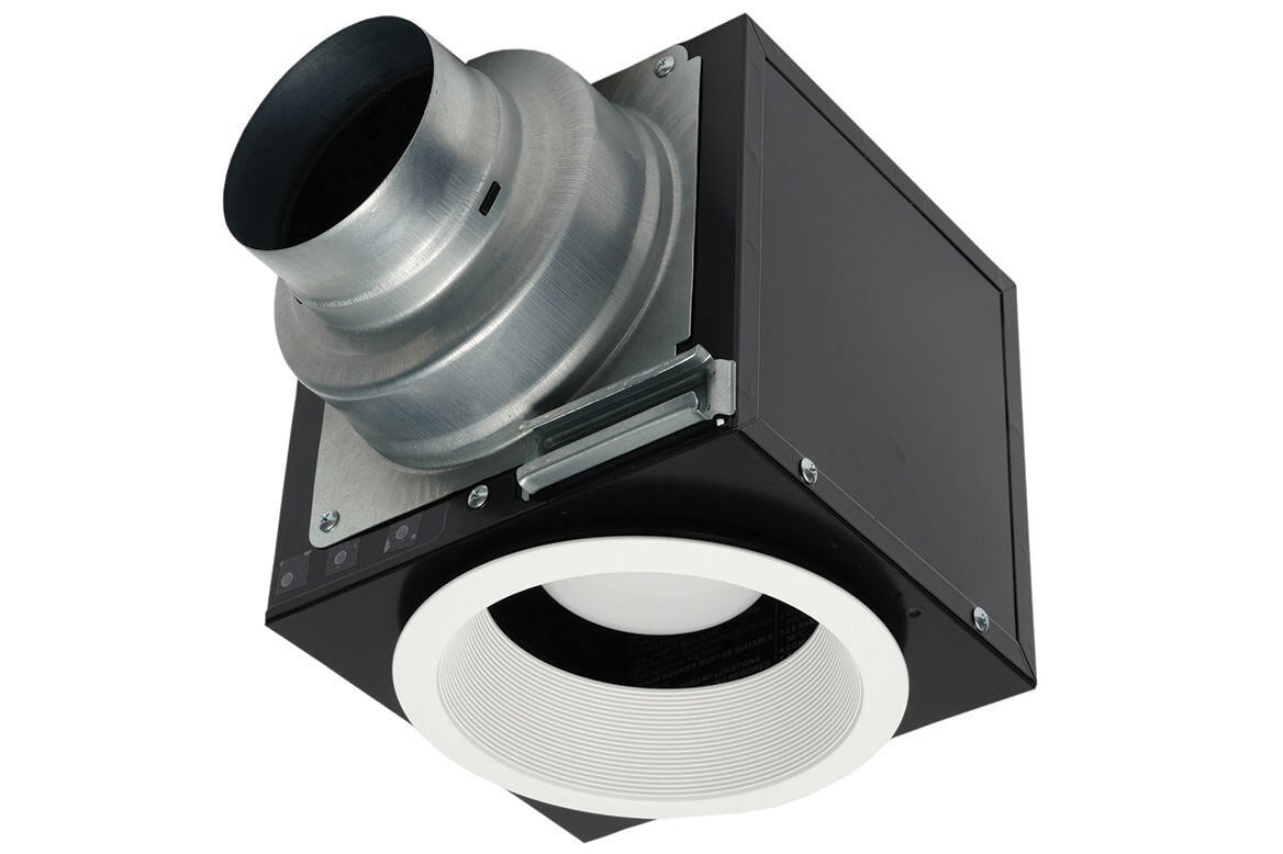 Black recessed ventilation inlet with white trim ring and metal duct connector on top.