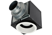 Black recessed ventilation inlet with white trim ring and metal duct connector on top.