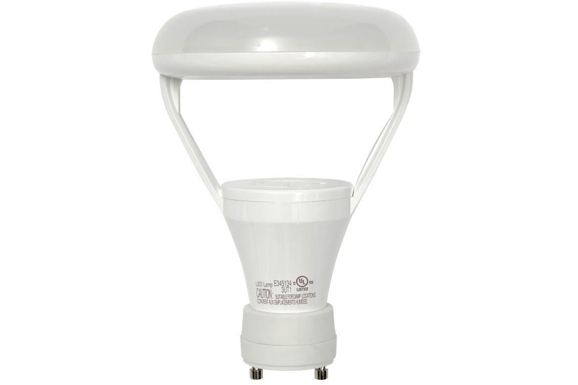 White plastic recessed inlet with rounded top cap and cylindrical lower section featuring GU10 connector pins.