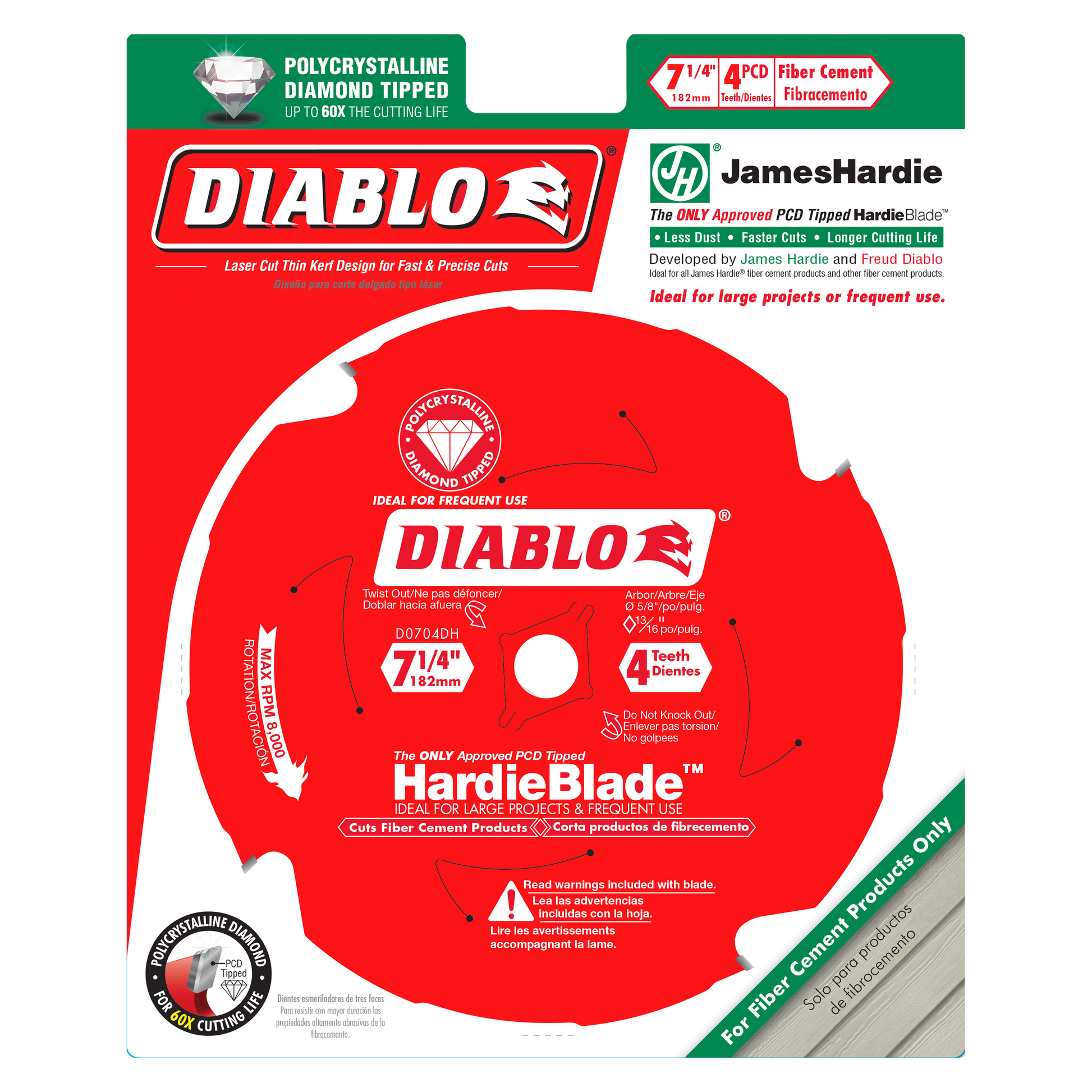 Diablo 7-1/4 inch circular saw blade with 4 PCD teeth for fiber cement, red with white markings and center hole.