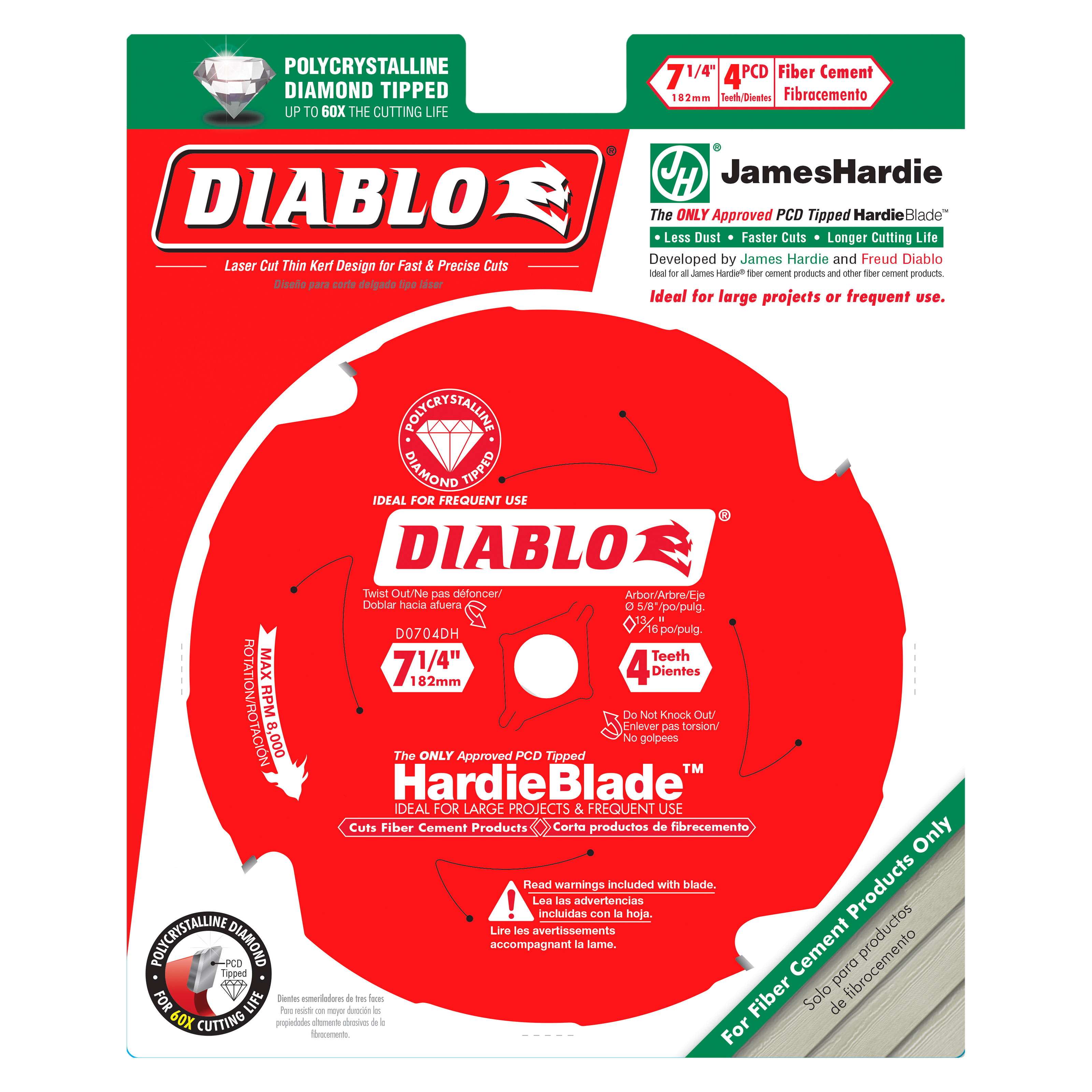 Diablo 7-1/4 inch circular saw blade with 4 PCD teeth on red backing card for fiber cement cutting.