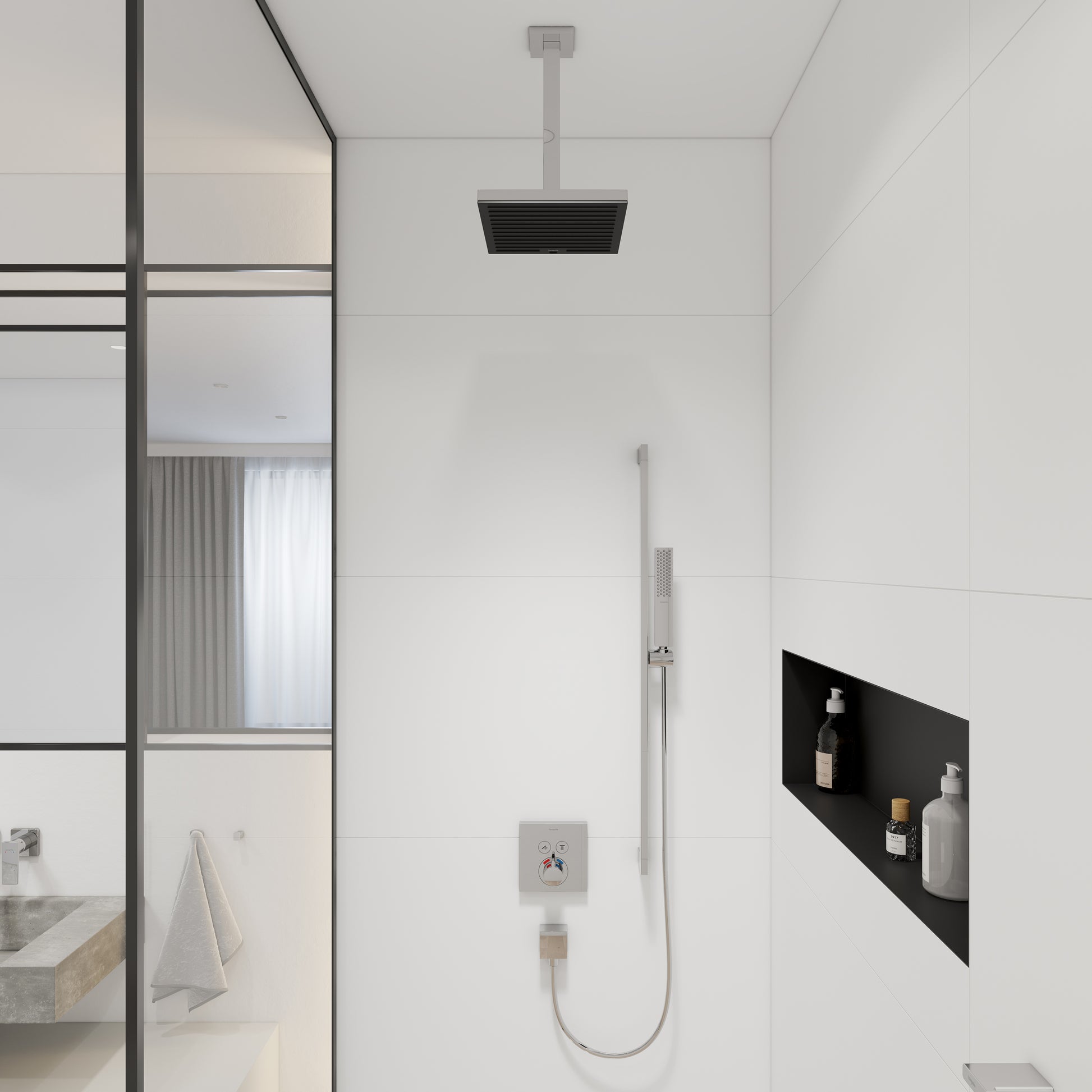 Chrome ceiling-mounted extension pipe with rectangular black showerhead, 12 inches long, installed in modern bathroom.