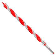 Red and gray spiral auger bit with pointed tip and metallic shank.