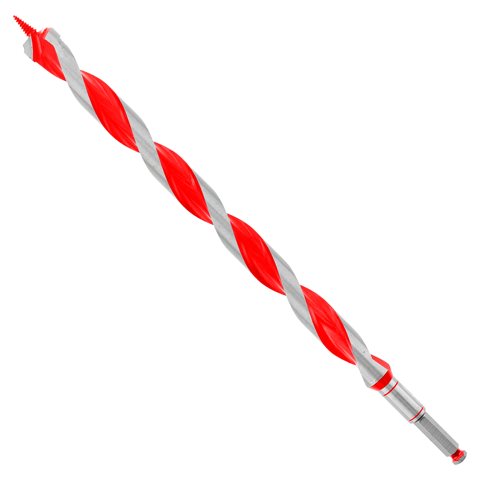 Red and gray spiral auger bit with pointed tip and metallic shank.