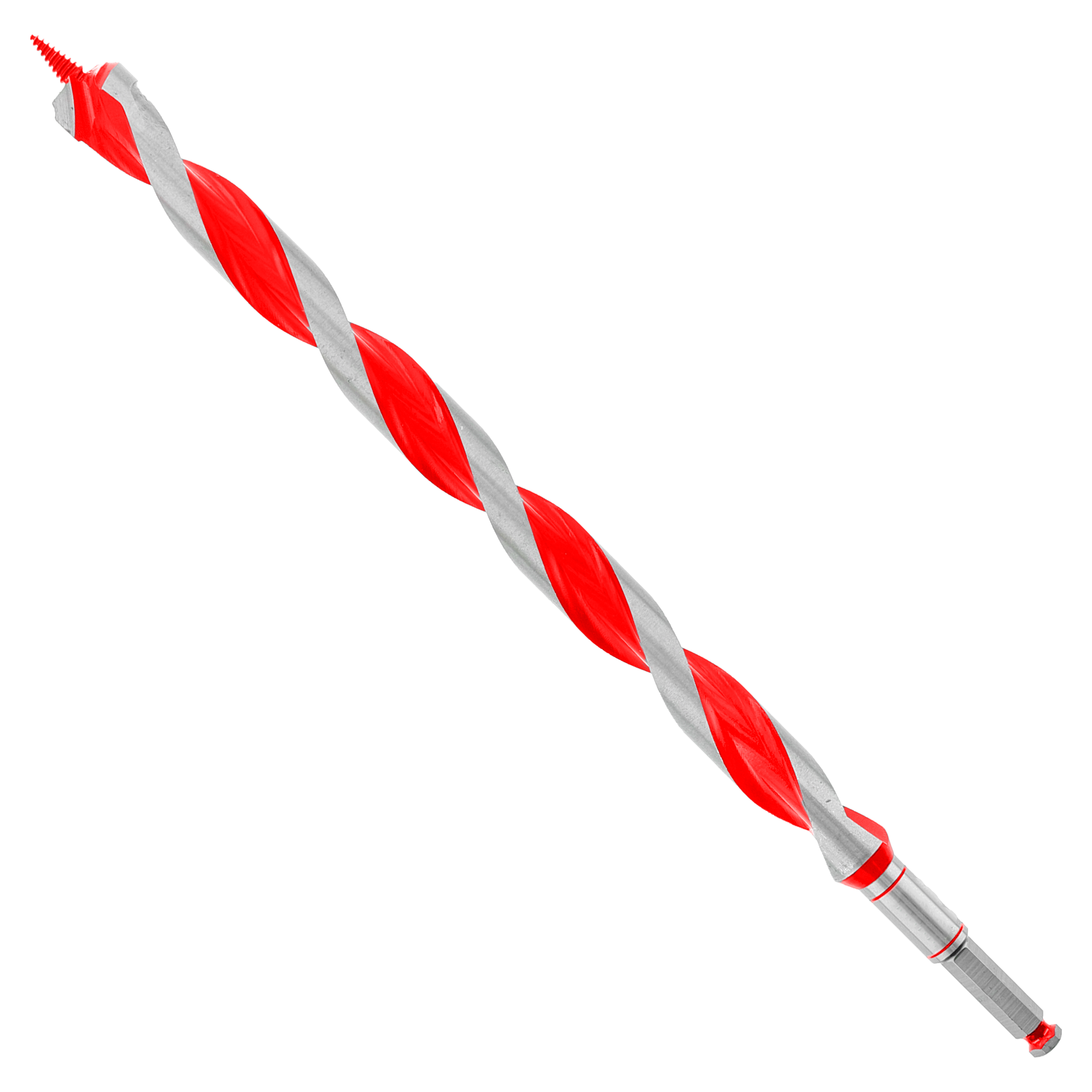 Red and gray spiral auger bit with pointed tip and metallic shank.