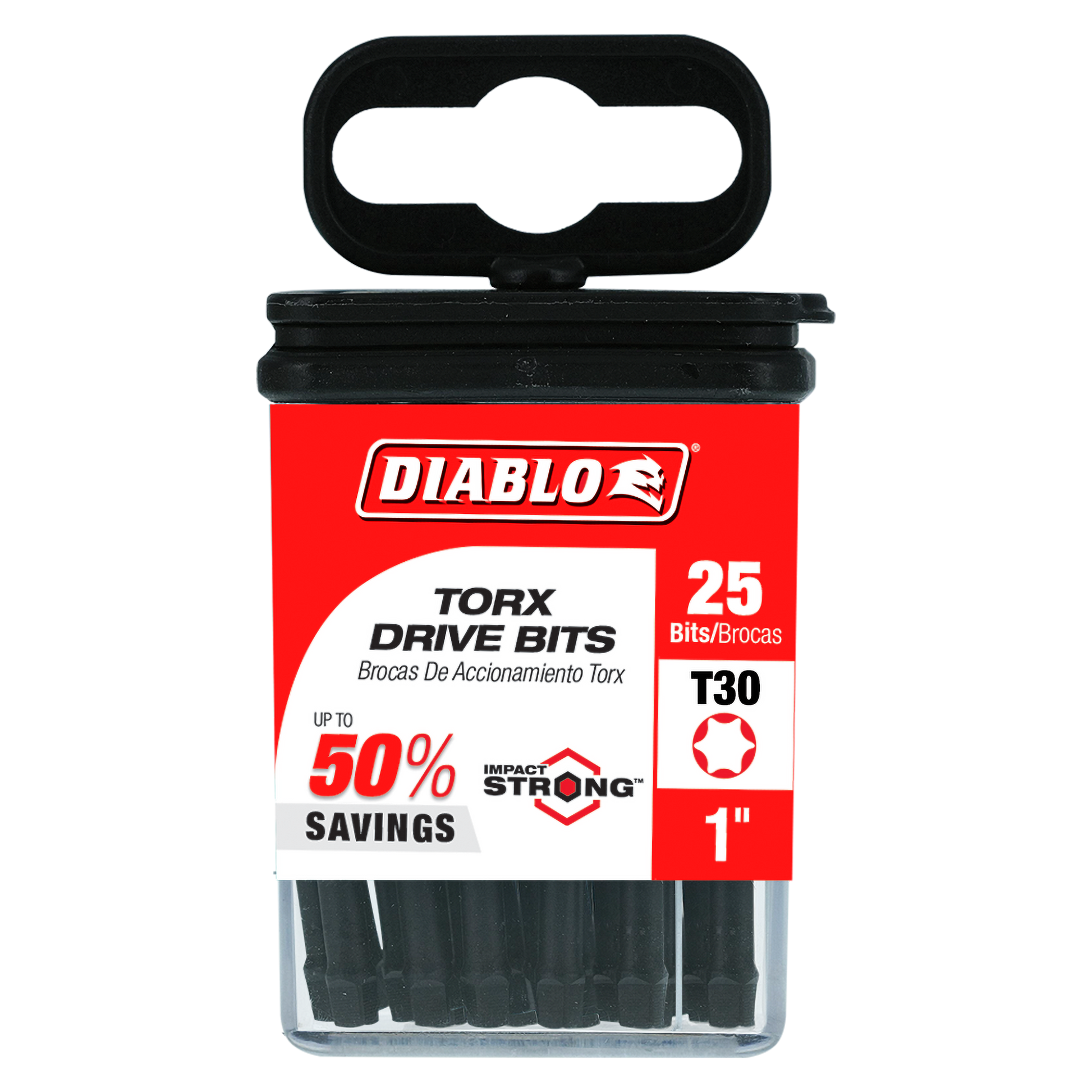 Black Diablo #30 Torx drive bits in clear plastic container with red and black packaging label.