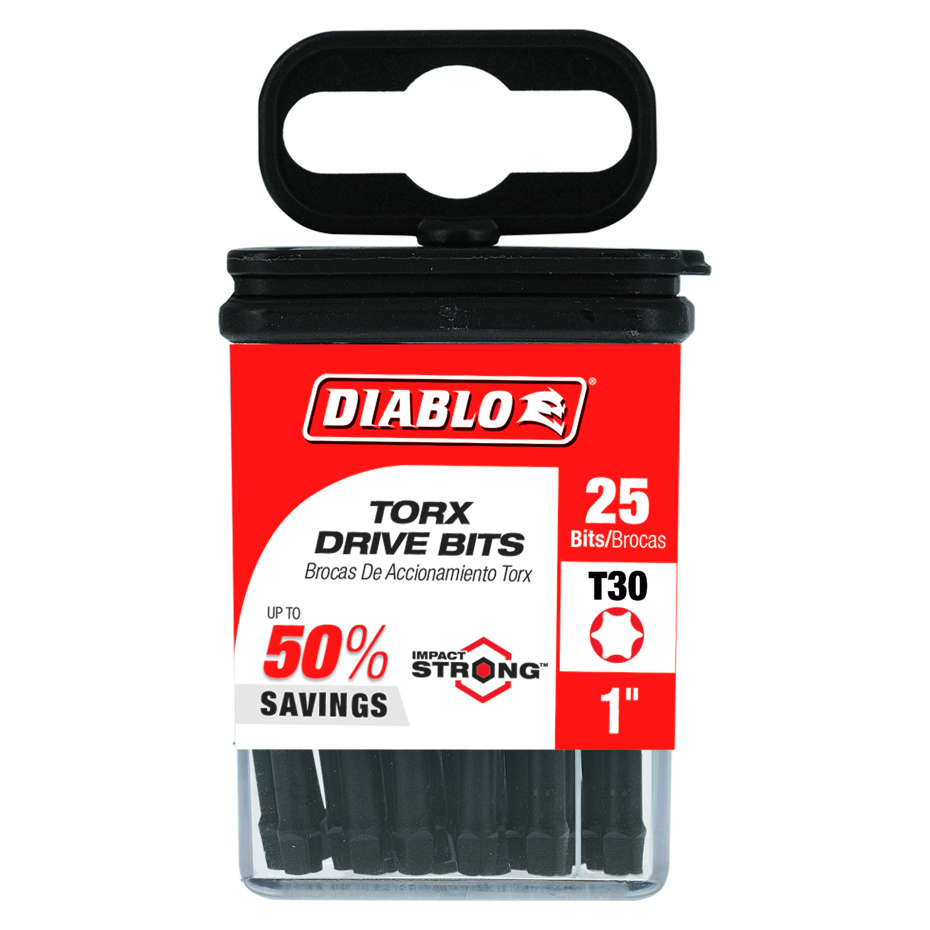 Black Diablo #30 Torx drive bits in clear plastic container with red and black packaging label.