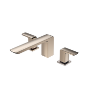 Brushed nickel two-handle roman tub filler with curved spout and rectangular handles mounted on deck.