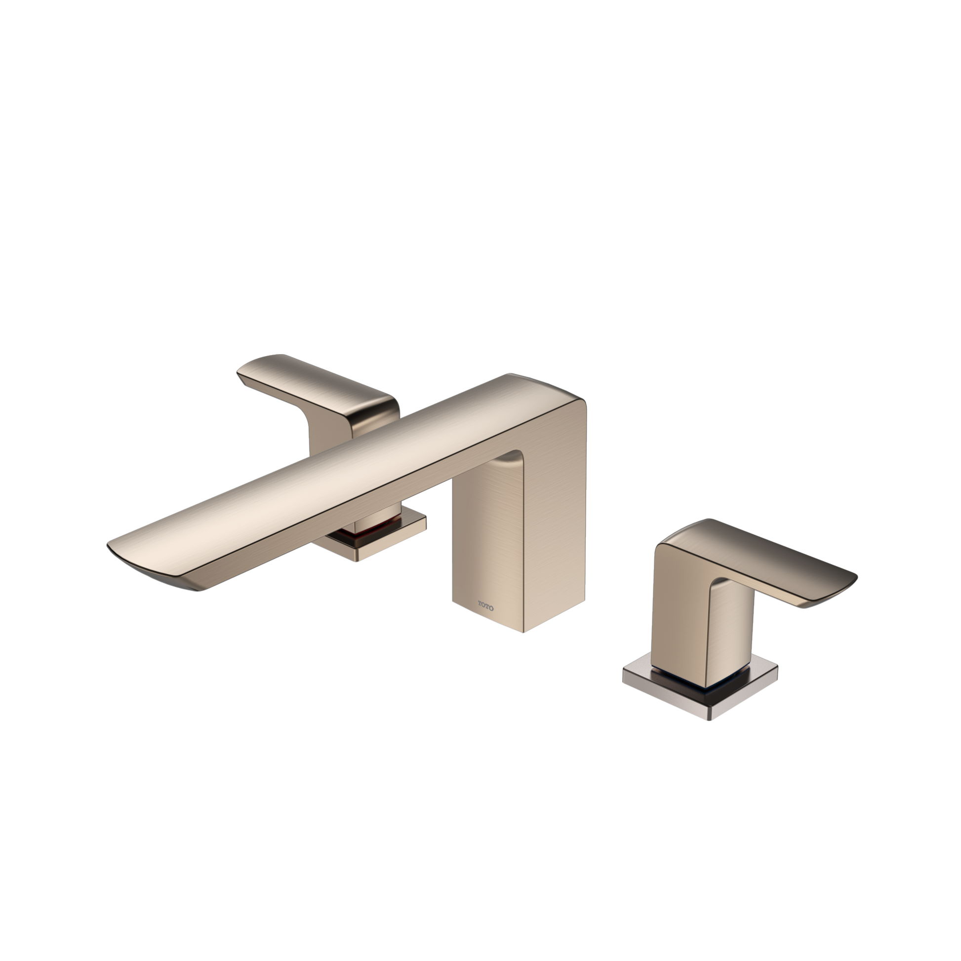 Brushed nickel two-handle roman tub filler with curved spout and rectangular handles mounted on deck.
