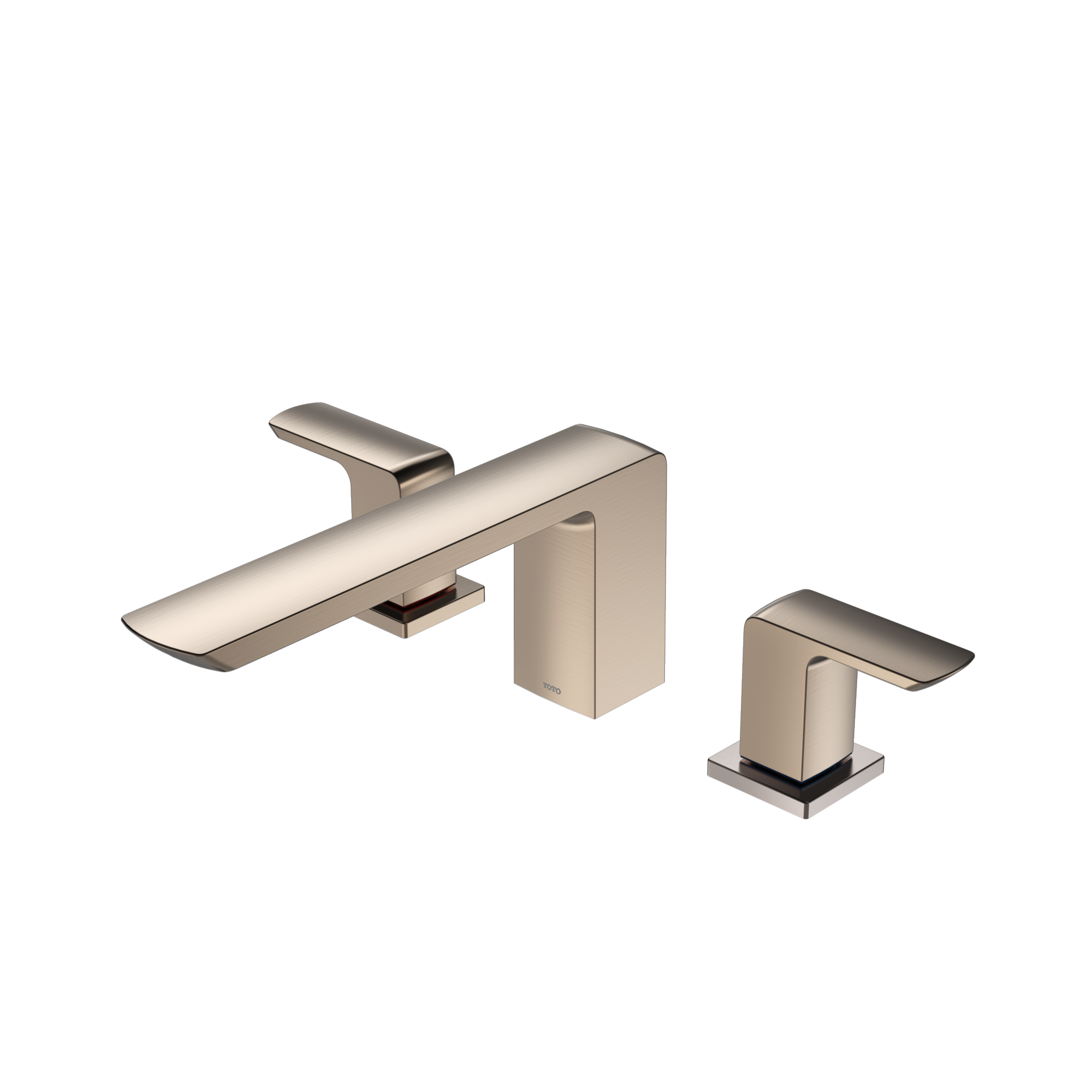 Brushed nickel two-handle roman tub filler with curved spout and rectangular handles mounted on deck.