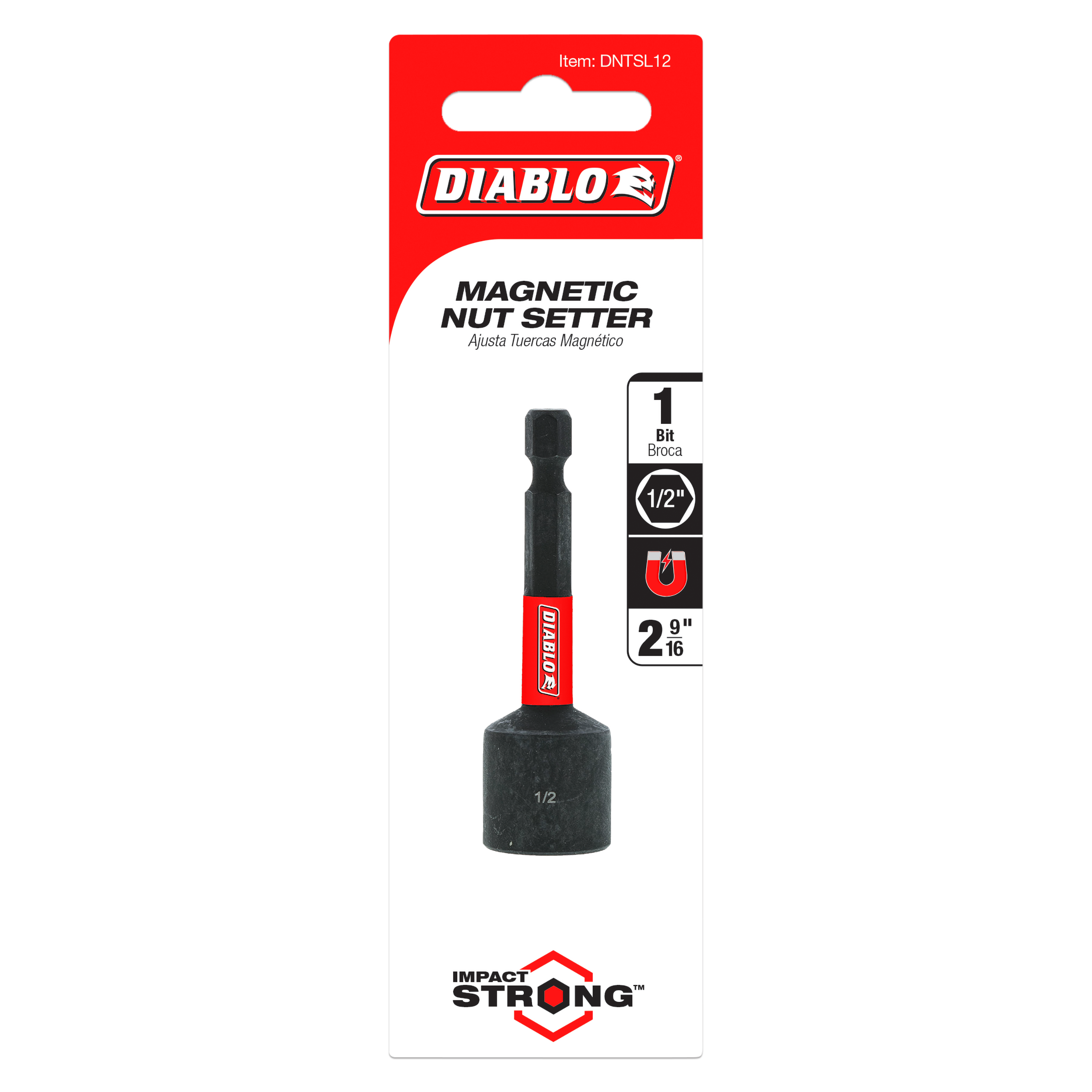 Black magnetic nut setter with 1/2 inch socket and red Diablo branding on packaging card.