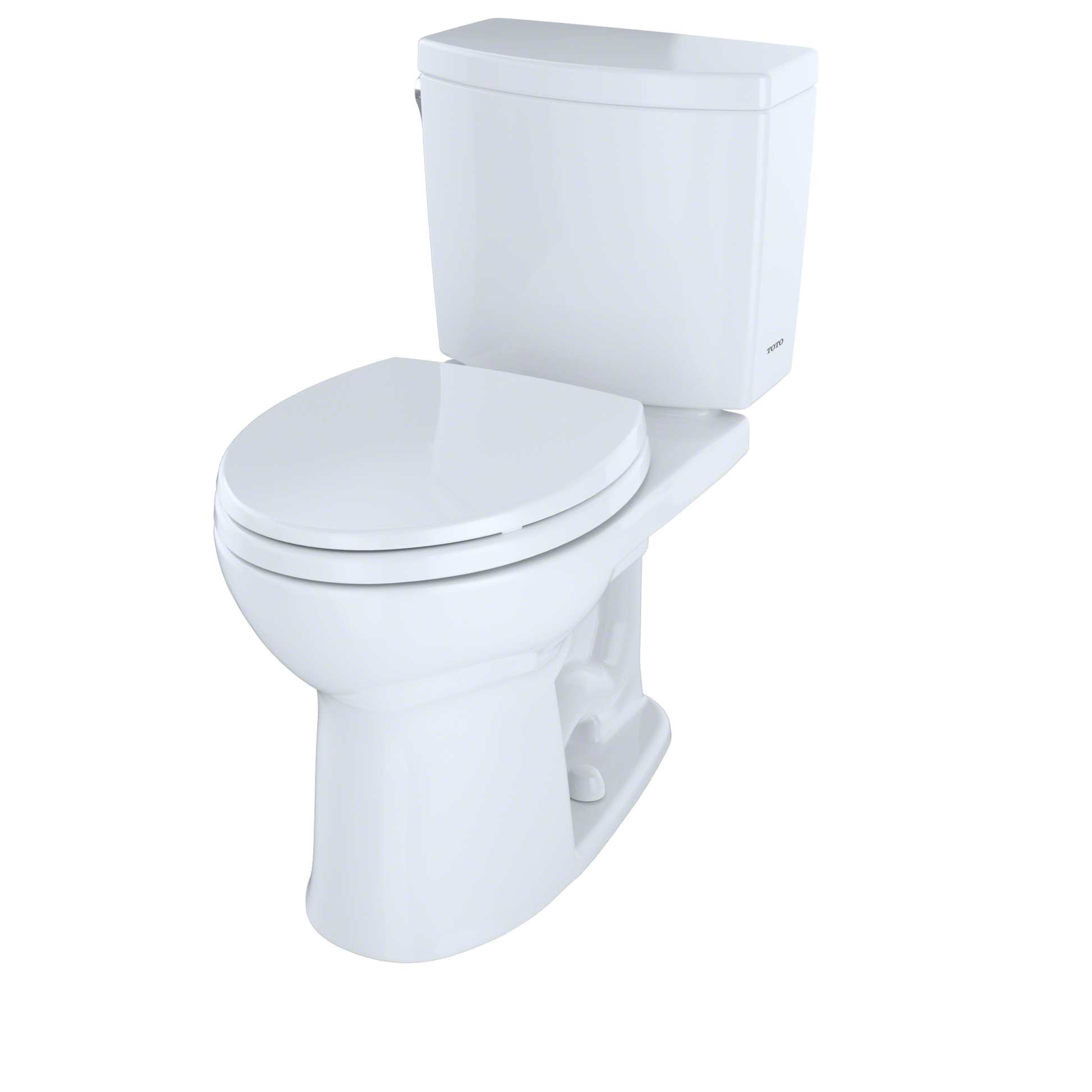 White two-piece round toilet with closed lid and separate tank.