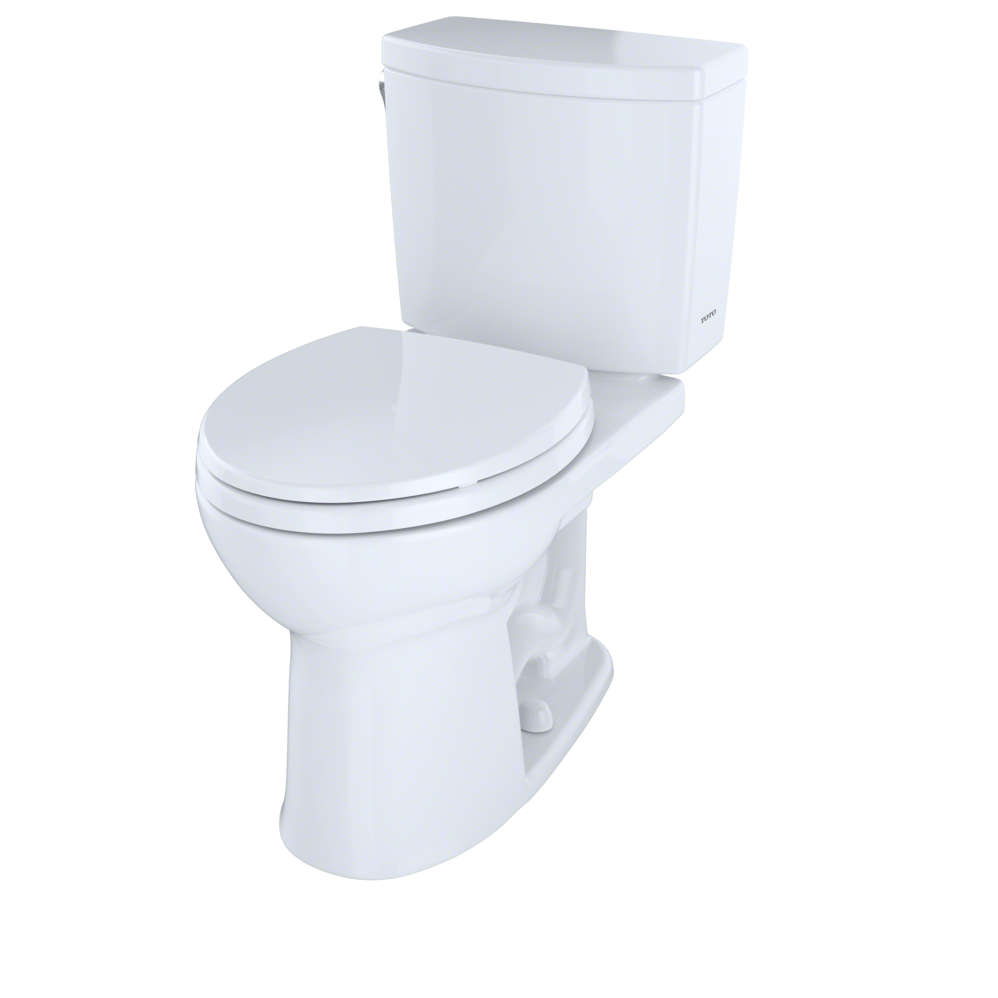 White two-piece round toilet with closed lid and separate tank.