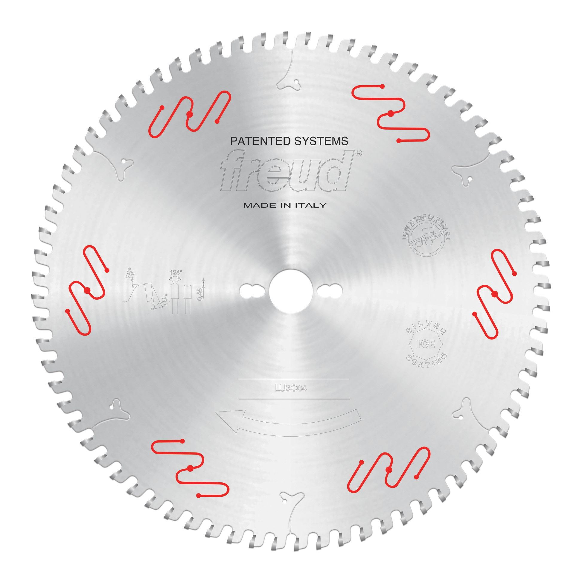 Circular saw blade with multiple teeth around perimeter, central arbor hole, red wavy markings, and "Freud" branding on silve