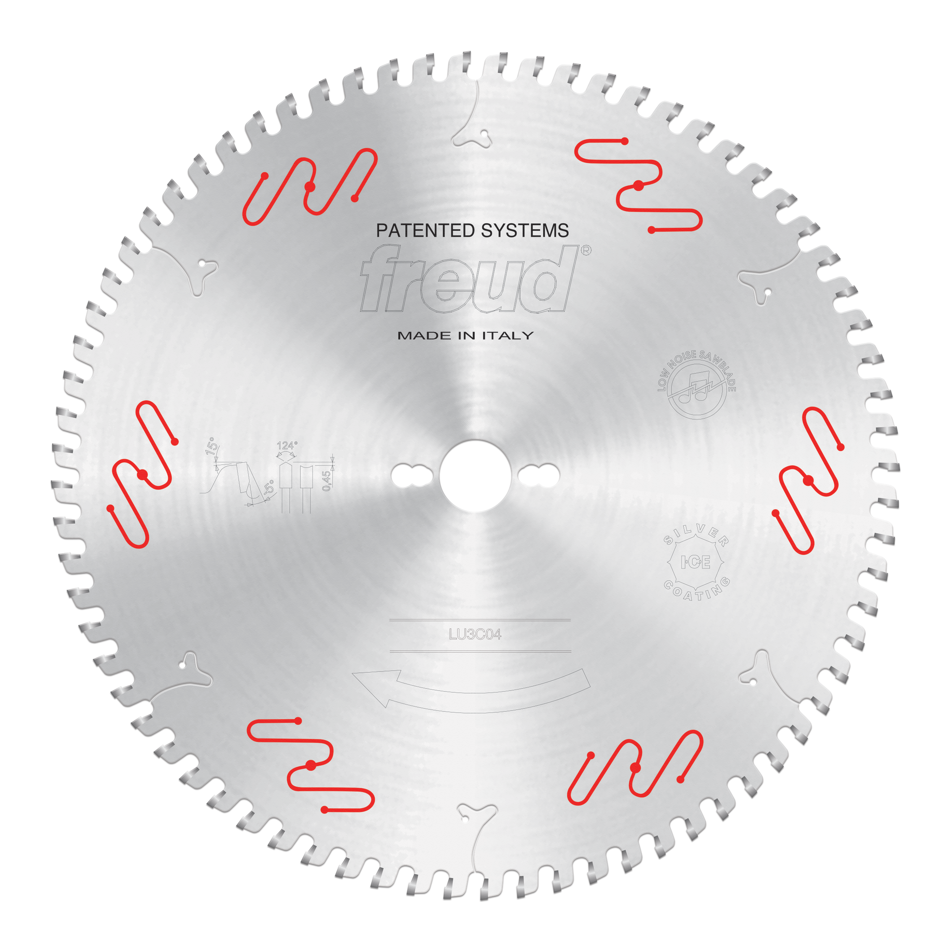 Circular saw blade with multiple teeth around perimeter, central arbor hole, red wavy markings, and "Freud" branding on silve