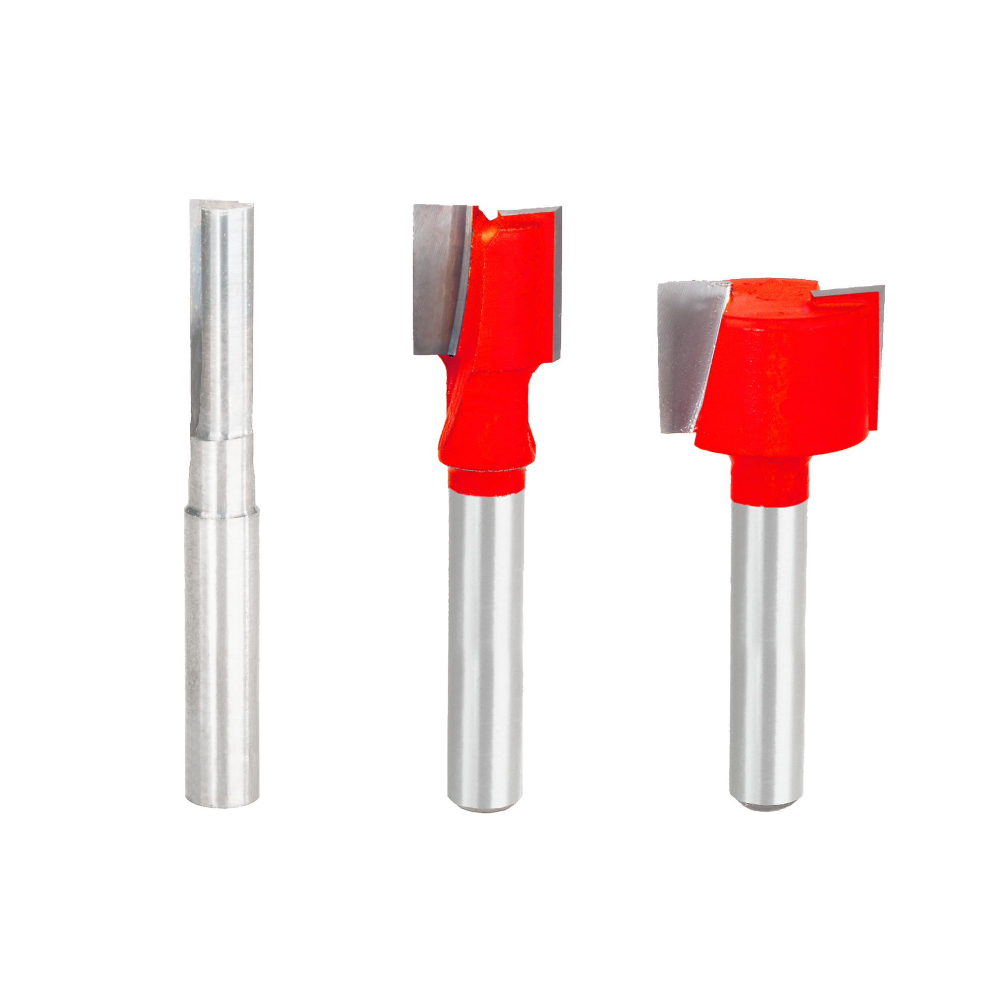 Three router bits with 1/4" shanks: one straight flute bit and two red plywood cutting bits with carbide tips.