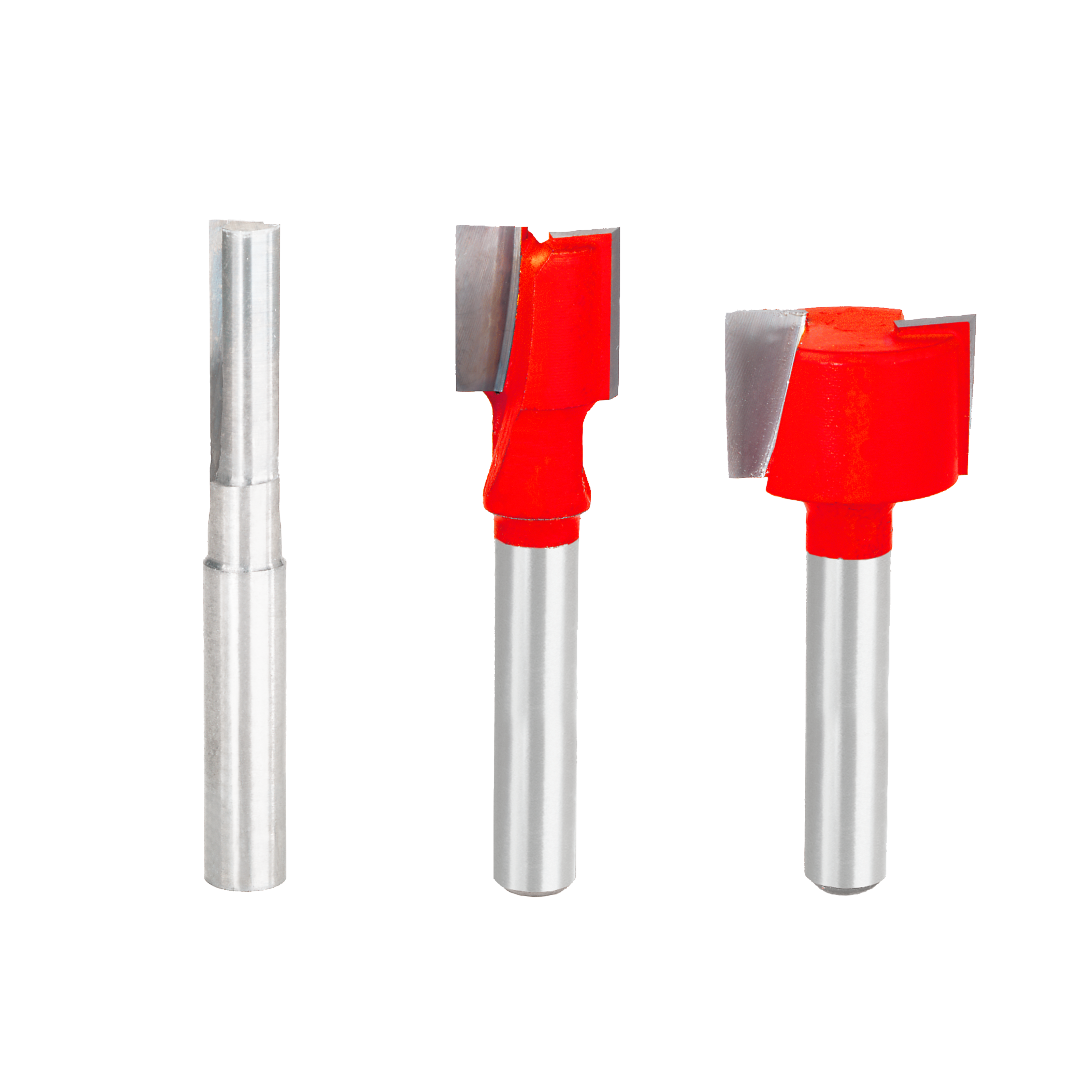 Three router bits with 1/4" shanks: one straight flute bit and two red plywood cutting bits with carbide tips.