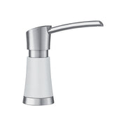 Stainless steel soap dispenser with white ceramic body and curved pump handle.