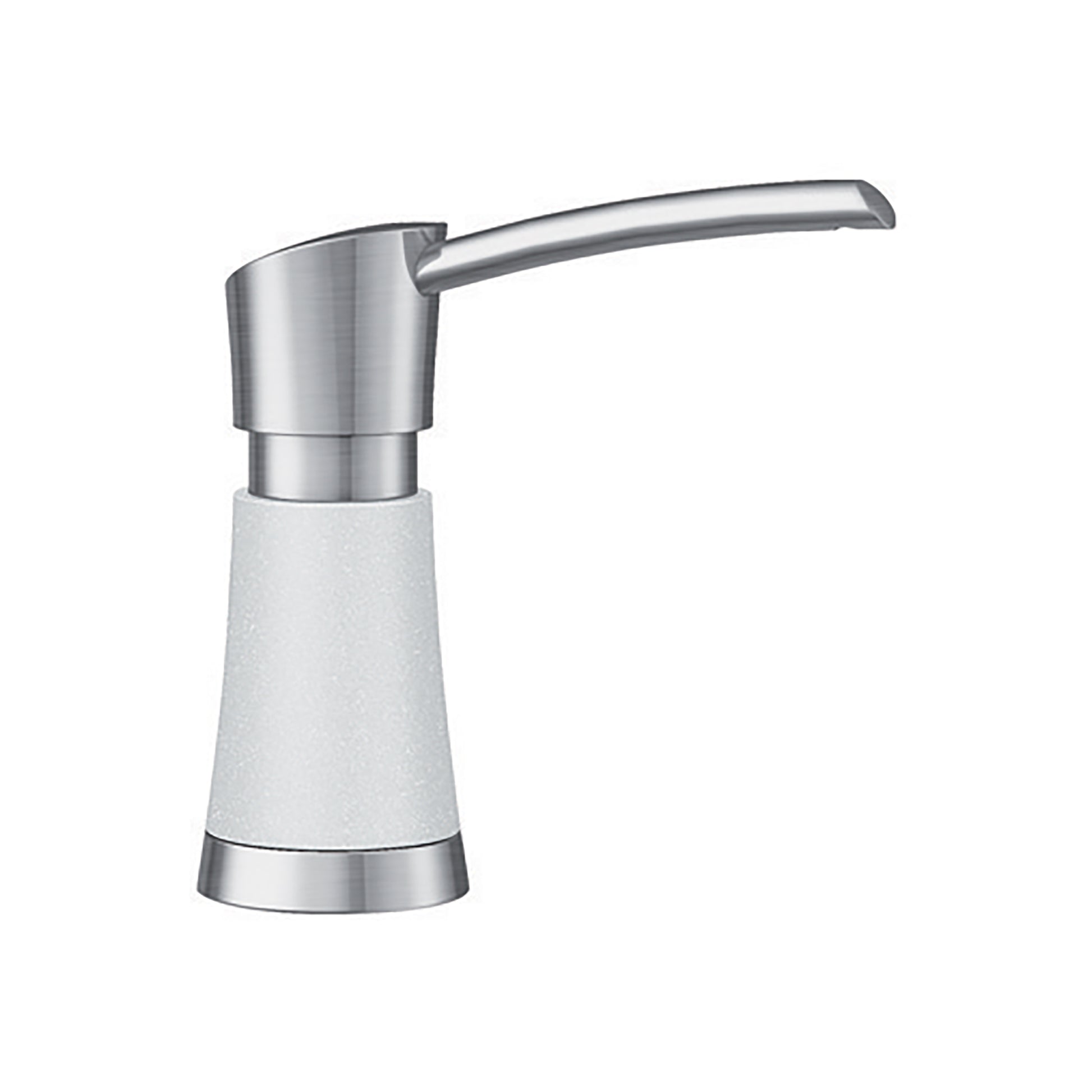 Stainless steel soap dispenser with white ceramic body and curved pump handle.
