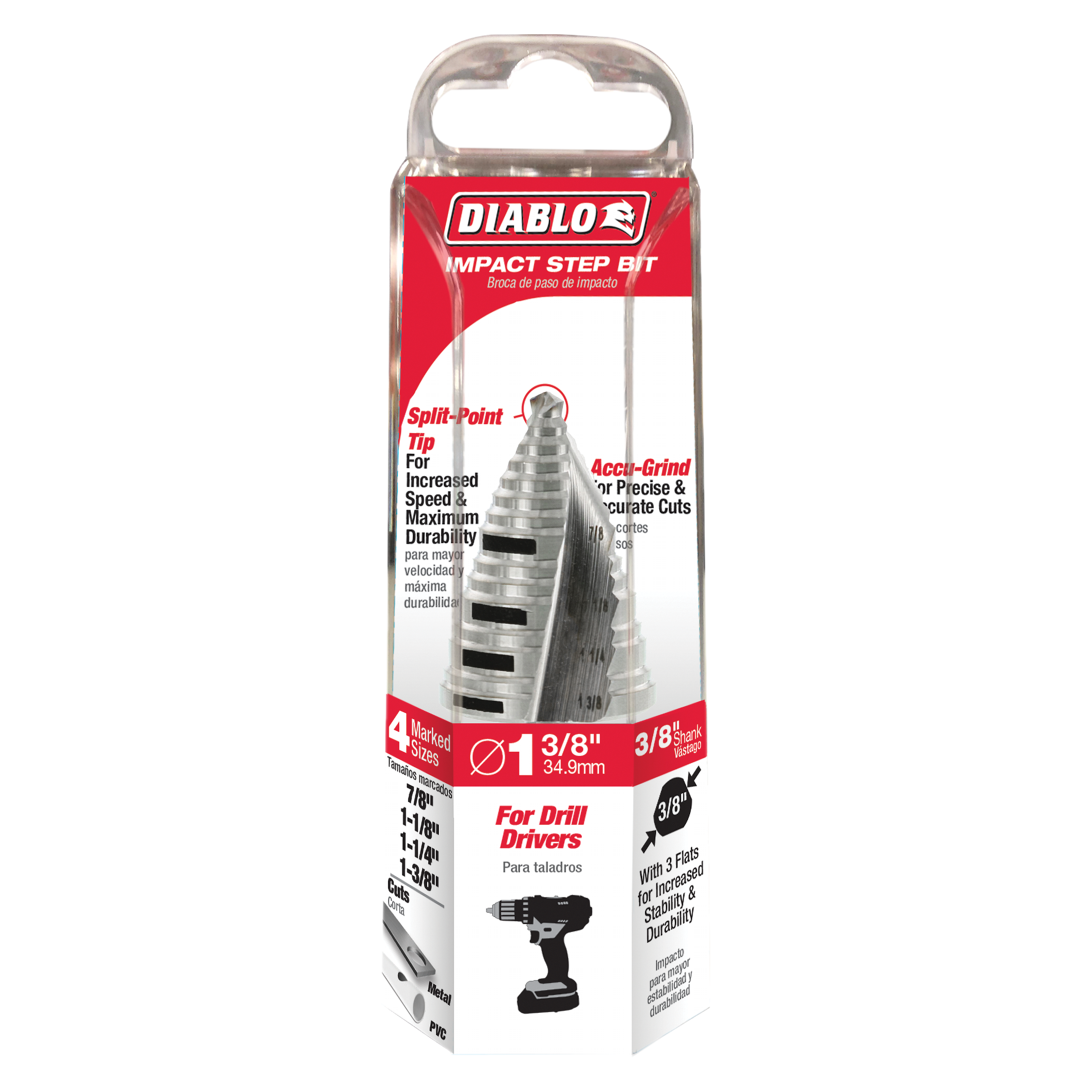 Two Diablo step drill bits with split-point tips in clear plastic packaging with red and white labeling.