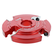 Red and pink router cutter head with two interchangeable cutting profiles and adjustment knobs on sides.