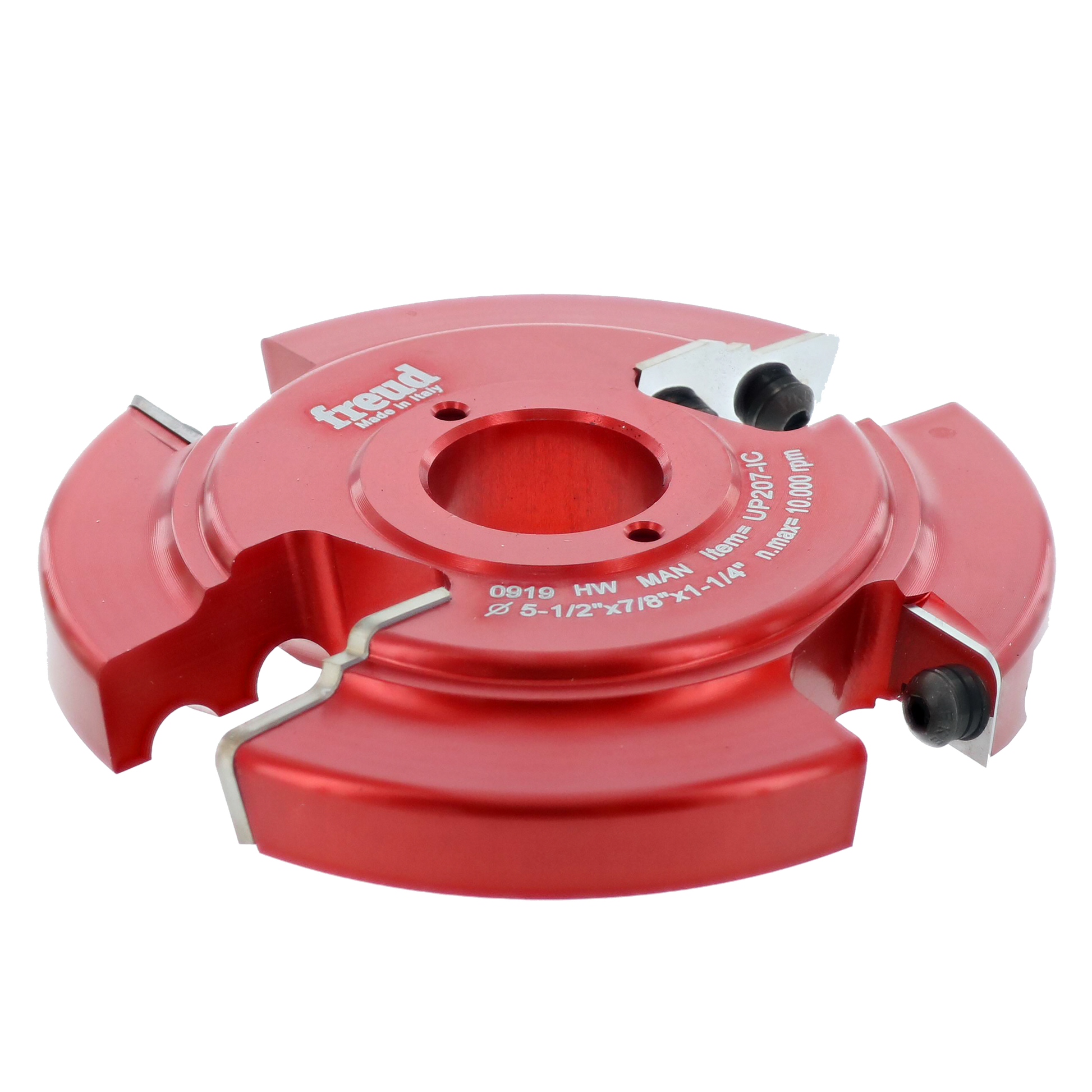 Red and pink router cutter head with two interchangeable cutting profiles and adjustment knobs on sides.