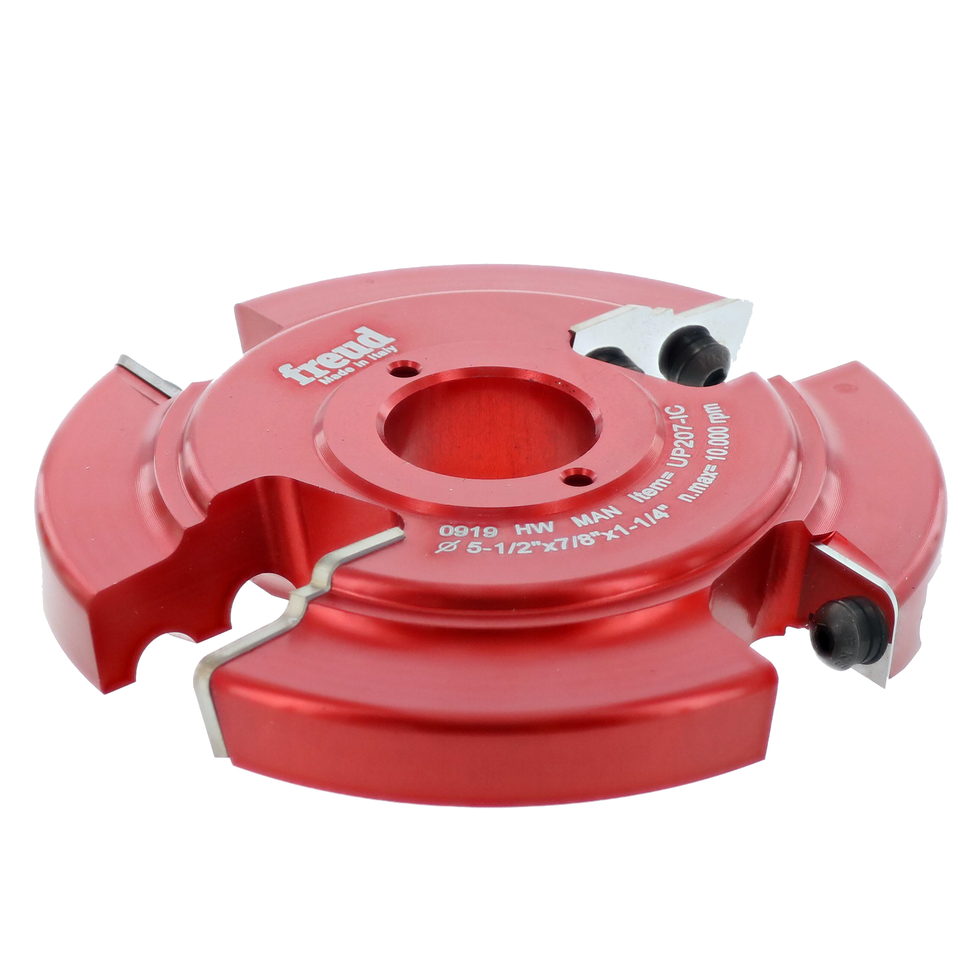 Red and pink router cutter head with two interchangeable cutting profiles and adjustment knobs on sides.