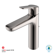 Polished nickel single-handle bathroom sink faucet with curved spout and rounded lever control.