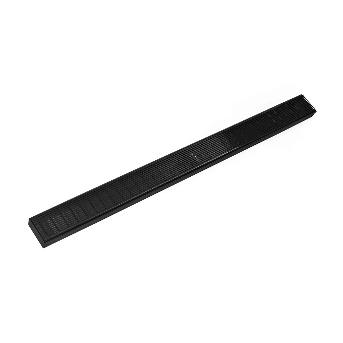 Matte black linear drain with horizontal slat grate design, 36 inches long.