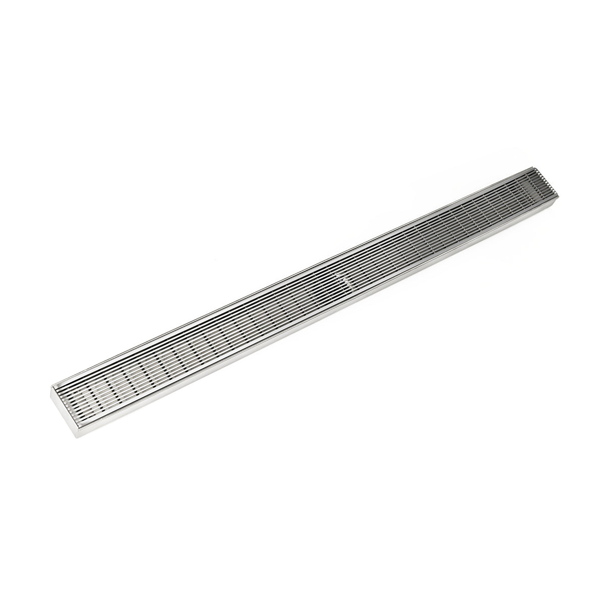 Polished stainless steel linear drain with parallel slot grate design, 36 inches long.