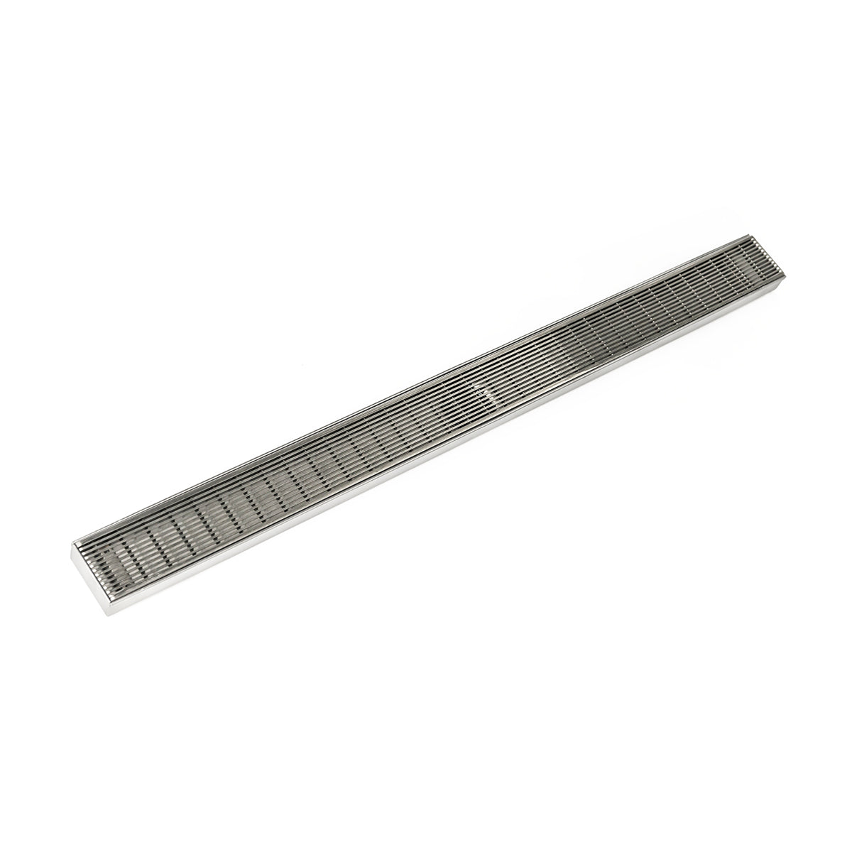 Satin stainless steel linear drain with horizontal grate pattern, 42 inches long.