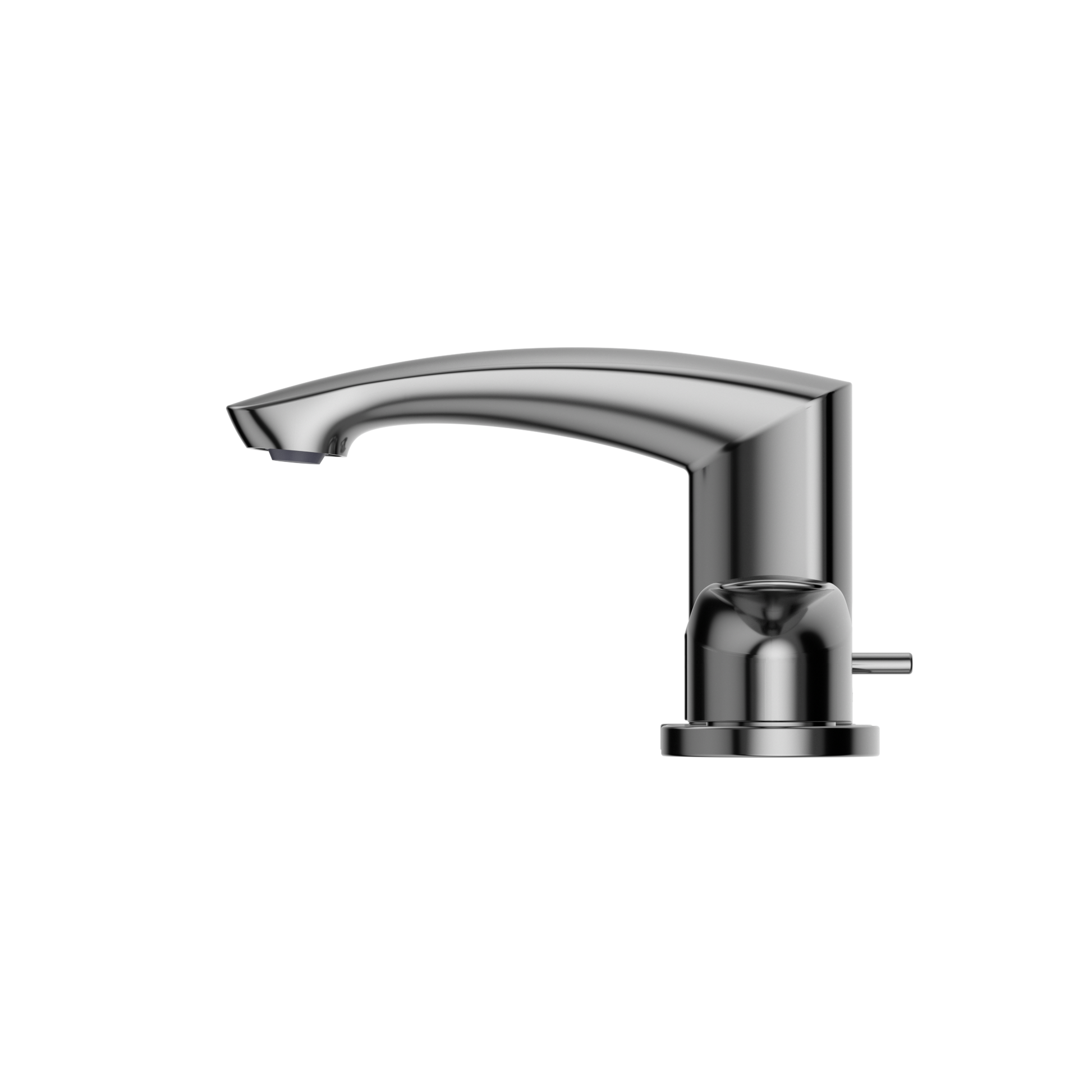 Polished chrome bathroom sink faucet with curved spout and single control handle.