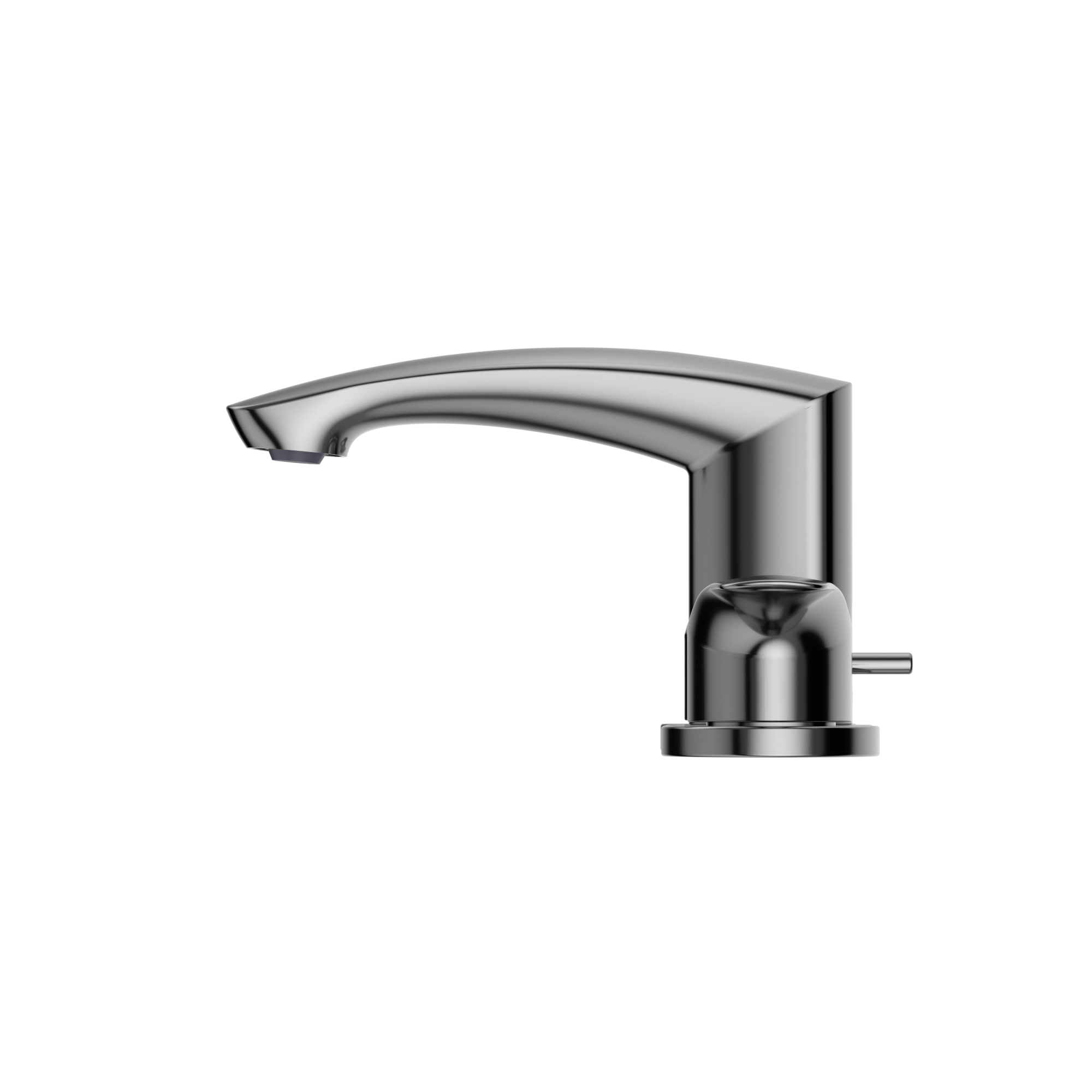 Polished chrome bathroom sink faucet with curved spout and single control handle.