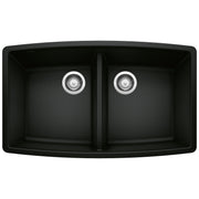 Coal black double bowl kitchen sink with rounded corners and chrome drain strainers.