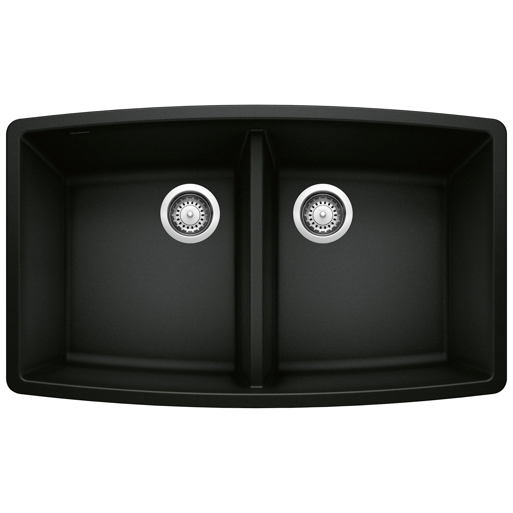 Coal black double bowl kitchen sink with rounded corners and chrome drain strainers.