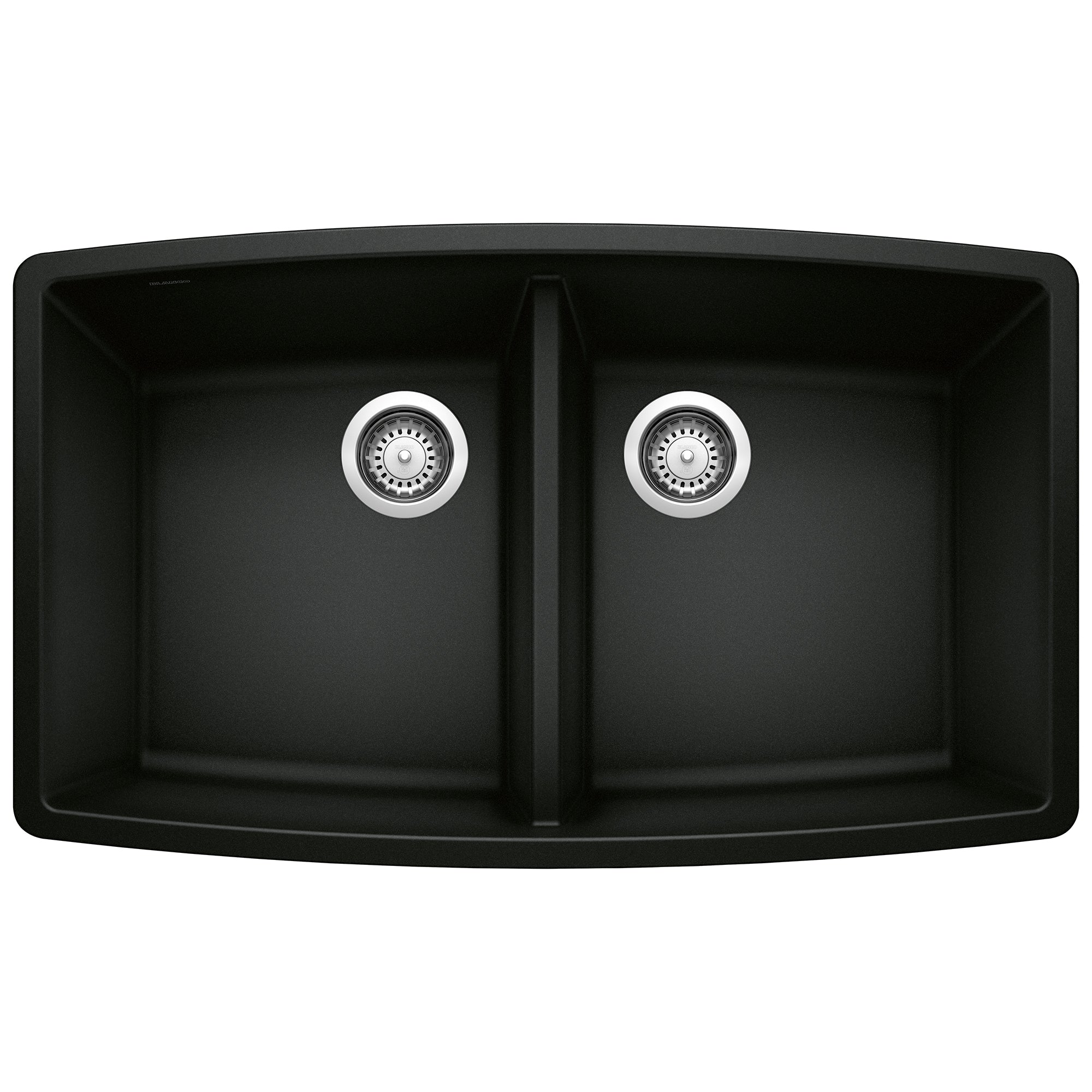 Coal black double bowl kitchen sink with rounded corners and chrome drain strainers.