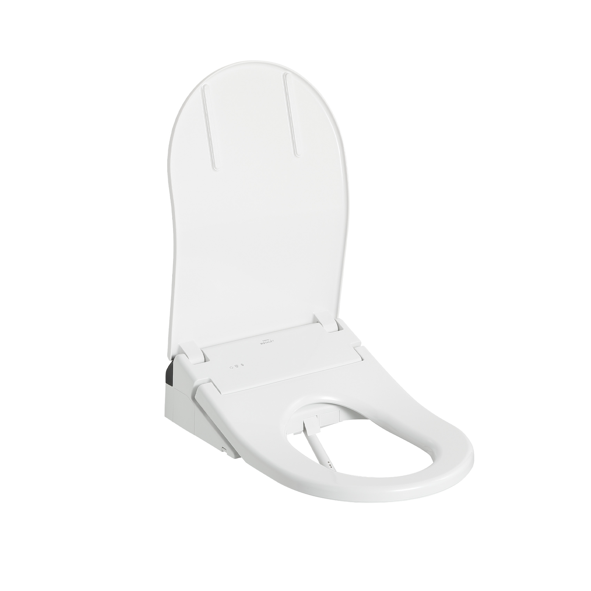 White electronic bidet toilet seat with D-shaped bowl, integrated controls, and matching elongated lid in closed position.
