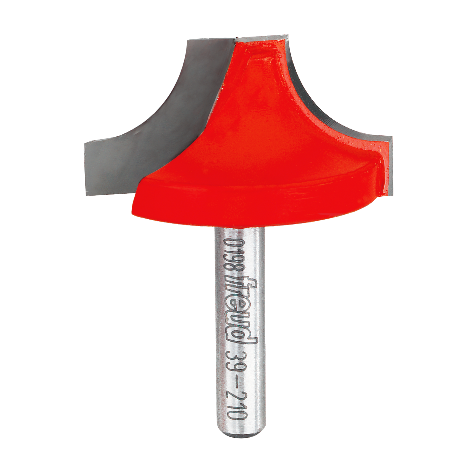 Red and gray router bit with rounded ovolo profile and metal shank labeled Freud 39-210.