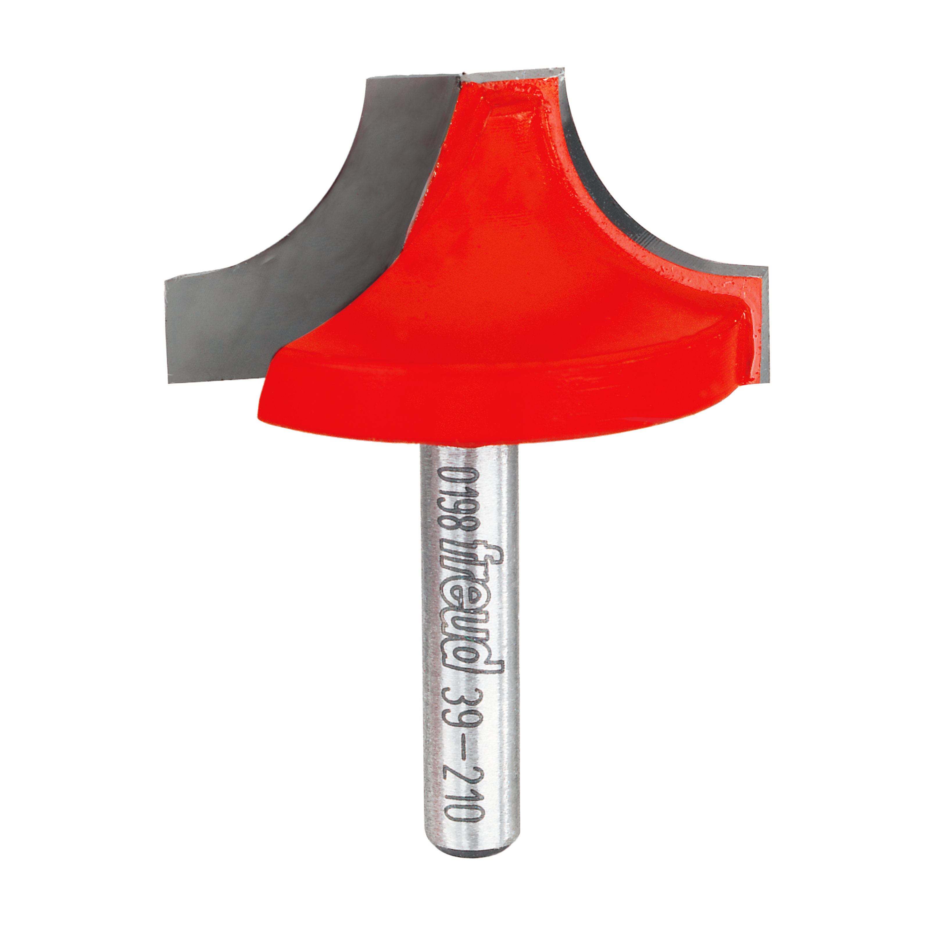 Red and gray router bit with rounded ovolo profile and metal shank labeled Freud 39-210.