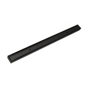 Matte black linear drain with slotted top and mounting holes, approximately 60 inches long.