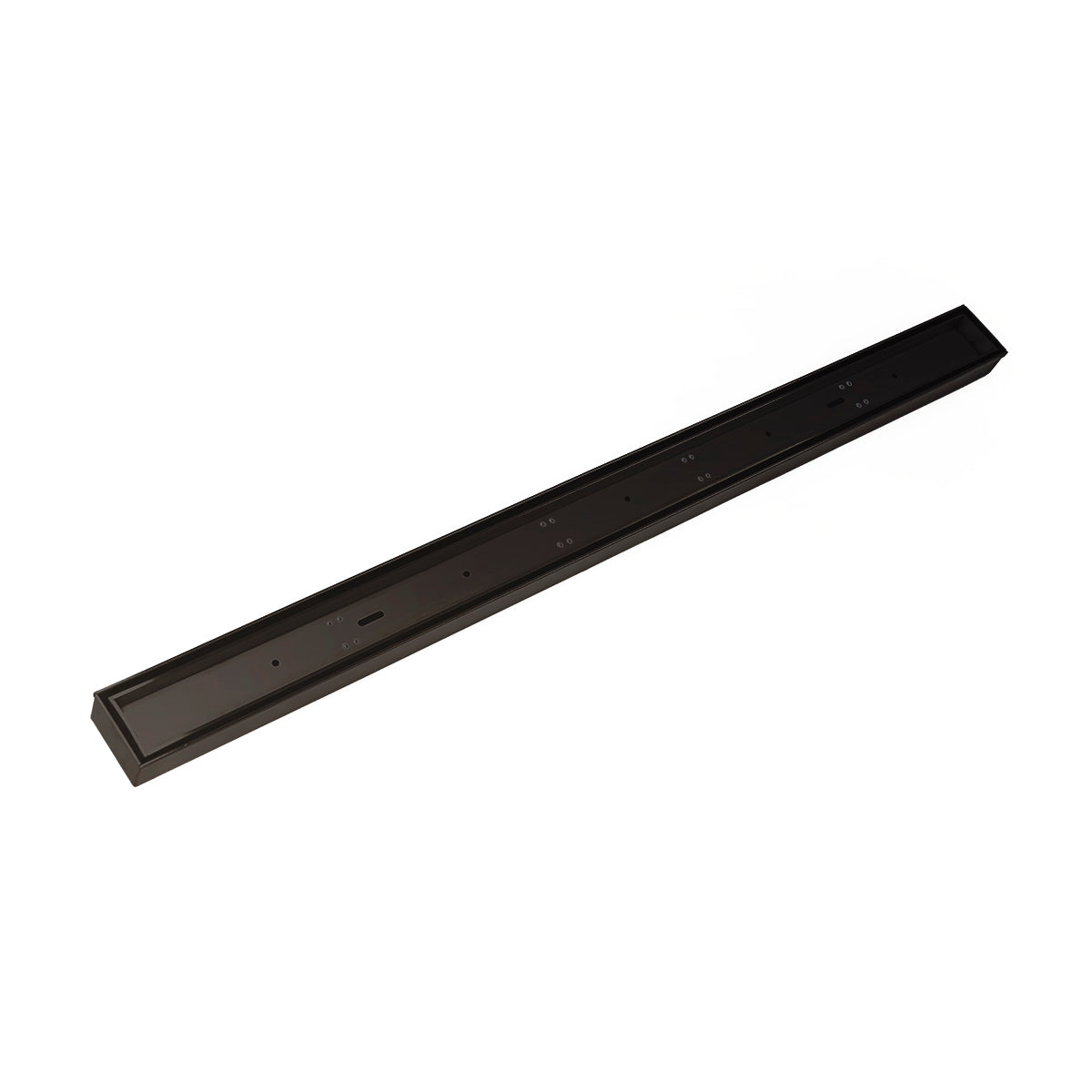Oil rubbed bronze linear drain with long rectangular channel and sloped edges on white background.