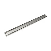 Polished stainless steel linear drain with 60-inch length and raised edges, shown at an angle.