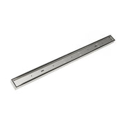 Satin stainless steel linear drain with rectangular frame and slotted top, 42 inches long.