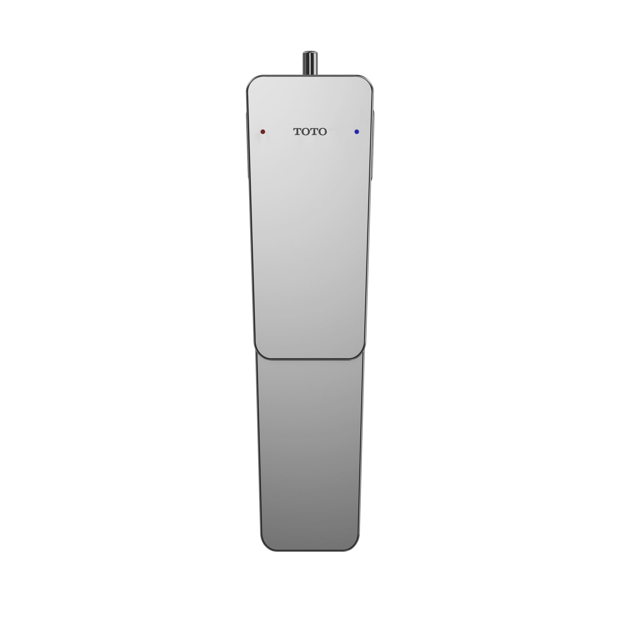 Polished chrome single-handle bathroom sink faucet with vertical rectangular body and control indicators on upper section.